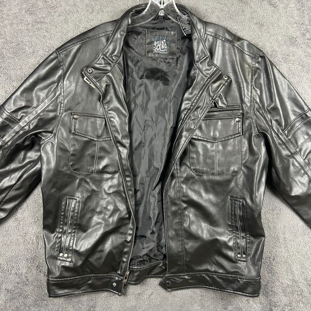 Vintage Point Zero Black Faux Leather Biker Jacket Men’s XL Moto Racing Style